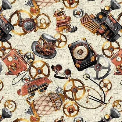 Time Travel,Steampunk Motifs, Steampunk Cotton Fabric