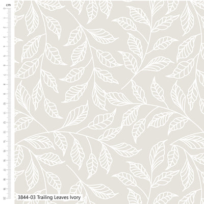 A repeating white trailing leaf pattern on a warm ivory background,  and the text '3844-03 Trailing Leaves Ivory' 