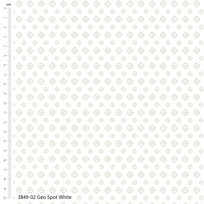 A repeating geometric pattern of small light beige diamonds on a white background, with a ruler scale along the left side and the text '3849-02 Geo Spot White' at the bottom left.