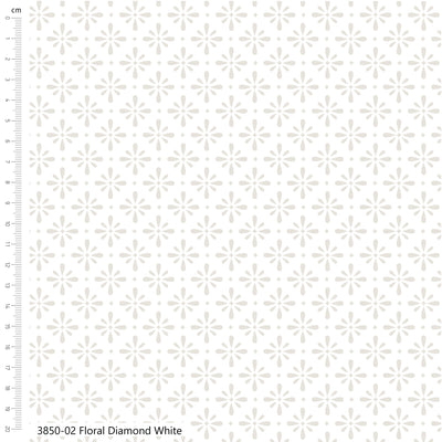 A repeating floral diamond pattern in light warm gray on a white background, with a vertical ruler along the left edge and the text '3850-02 Floral Diamond White' at the bottom left.