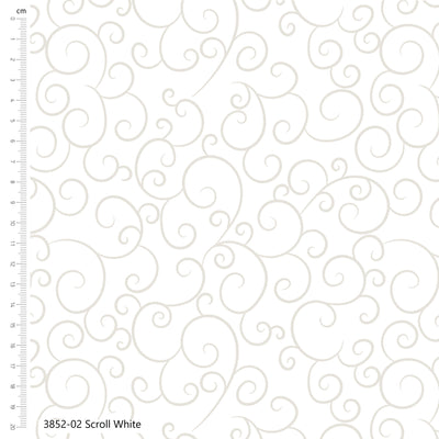 A close-up of a white fabric pattern with a repeating beige scroll motif and a vertical ruler along the left edge for scale. Text at the bottom reads '3852-02 Scroll White'.