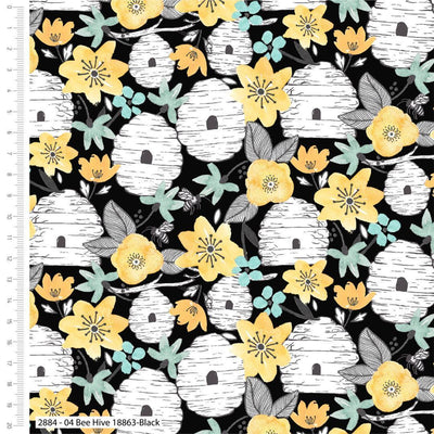 Bee Hives on Black Cotton Fabric, Beetanical - Sunnyside Fabrics UK - bee hives, bees, create and craft, fabric editions, honeycomb - {{product.type}} - sunnysidefabricsuk.com