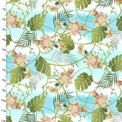 Cockatoos Print Cotton Fabric - Sunnyside Fabrics UK - 3 wishes fabric,3 Wishes Fabrics,birdsparrots,Connie Haley,Connie Haley 3 wishes Fabrics,flamingoes,tropicolour birds - alt - sunnysidefabricsuk.com