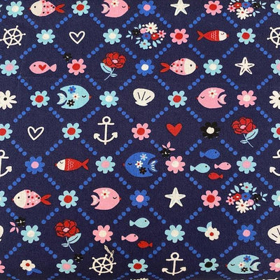 Dark Blue Fish, All Over Print, Cotton Fabric - Sunnyside Fabrics UK - blue, BOGOF, cheap cotton, cheap cotton fabric, cheap fabric, cotton, fish, sealife, seaside - {{product.type}} - sunnysidefabricsuk.com