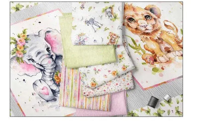 Elephant and Lion Cub Nursery Panel Sillier than Sally - Sunnyside Fabrics UK - baby animals, cotton, elephant, giraffe, lion, p and b textiles, safari, safari animals, sillier than sally, zebra - {{product.type}} - sunnysidefabricsuk.com