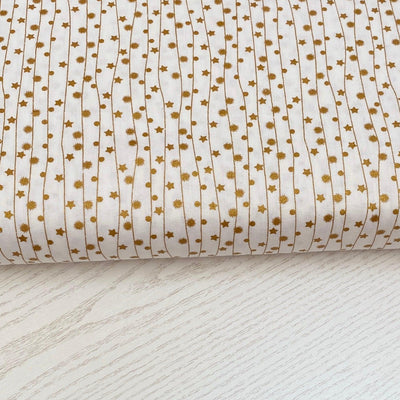 Gold String of Stars, Cotton Fabric - Sunnyside Fabrics UK - Christmas, Christmas Cotton fabric, christmas fabric, Christmas fabrics, christmas quilting, christmas stars, christmas tree skirt, gold, Gold and Cream, Gold metallic, gold metallic cotton fabric, gold Metallic Sparkle, gold snowflakes, gold sparkle, gold thread, stars gold stars, traditional Christmas - {{product.type}} - sunnysidefabricsuk.com