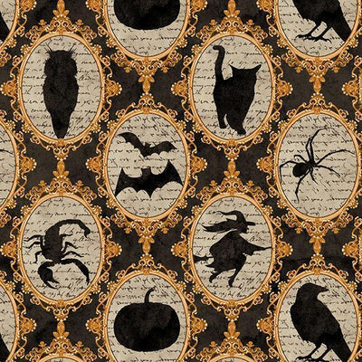 Halloween Portraits, Black Cotton Fabric - Sunnyside Fabrics UK - bats, batsorange, birds, crows, haloween, moons, owl, pumpkin, skull, skulls, spiders, witch - {{product.type}} - sunnysidefabricsuk.com