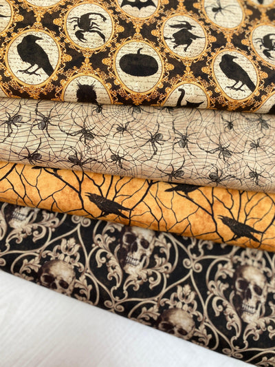 Halloween Portraits, Black Cotton Fabric - Sunnyside Fabrics UK - bats, batsorange, birds, crows, haloween, moons, owl, pumpkin, skull, skulls, spiders, witch - {{product.type}} - sunnysidefabricsuk.com