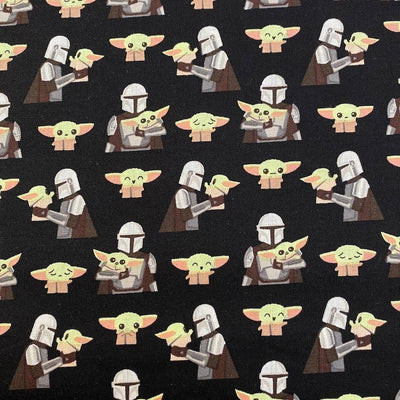 He Comes With Me, Mandalorian, cotton fabric - Sunnyside Fabrics UK - baby yoda, camelot licensed fabric, Craft Cotton Co, helmet badge, mandalorian, star wars, yoda - {{product.type}} - sunnysidefabricsuk.com