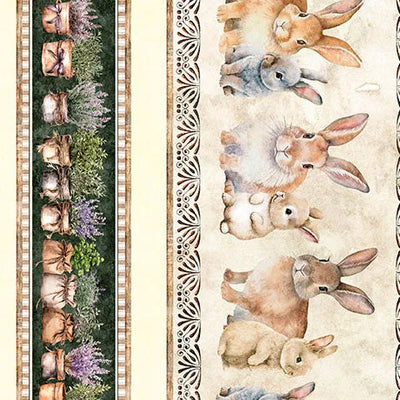 Quilting Treasures, Bunny and Floral Border Stripe, Hunny Bunny Cotton Fabric