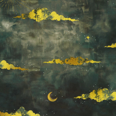 Artistic depiction of a night sky with yellow clouds and stars on a dark background