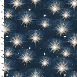 A fabric with a Christmas design, featuring a dark blue background with a pattern of shining star bursts and small stars.