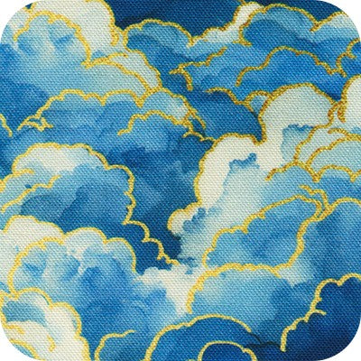 A close-up of a blue and white cloud pattern with gold outlines, showing a textured fabric or wallpaper surface.