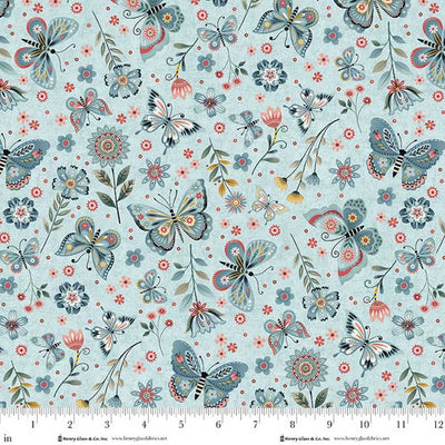 Henry Glass, Norwegian Forest Blue Toadstools Cotton Fabric 3552-17