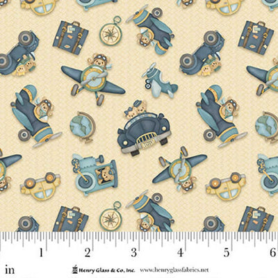 Henry Glass, Travelling Teddies Beige, Quilting Cotton Fabric 2421-44