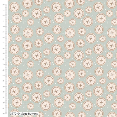 Craft Cotton Co, Toy Box Treasures, Sage Buttons Cotton Fabric