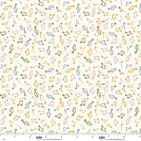 A repeating fabric pattern featuring musical notes and clefs in muted blue, olive green, and dusty pink on a warm cream background, with a Bionik brand ruler visible along the bottom edge.