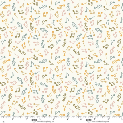 A repeating fabric pattern featuring musical notes and clefs in muted blue, olive green, and dusty pink on a warm cream background, with a Bionik brand ruler visible along the bottom edge.