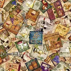 Quilting Treasures, Wine Labels, Cork and Barrel Cotton Fabric
