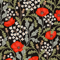 A repeating floral pattern on a black background with red poppies, small white flowers, and muted green-gray leaves. A ruler scale appears along the left edge, and the text '3868 - 01 Memory Meadow' appears at the bottom left.