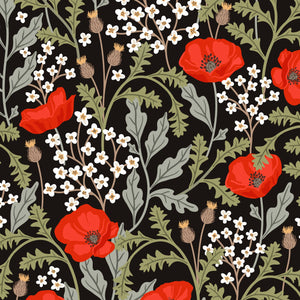 A repeating floral pattern on a black background with red poppies, small white flowers, and muted green-gray leaves. A ruler scale appears along the left edge, and the text '3868 - 01 Memory Meadow' appears at the bottom left.