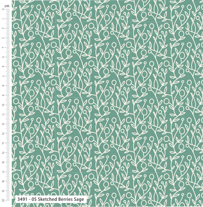 Savannah Rawson Sketched Berries Sage Cotton Fabric