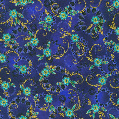 Jaikumari Small Floral Sapphire, Robert Kauffman SRKM 21745-74 - Sunnyside Fabrics UK - chromaticity fabric, chromaticity metallic fabric, jaikumari robert kaufffman, metallic, opal colours, robert kauffman - {{product.type}} - sunnysidefabricsuk.com