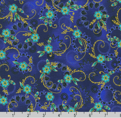 Jaikumari Small Floral Sapphire, Robert Kauffman SRKM 21745-74 - Sunnyside Fabrics UK - chromaticity fabric, chromaticity metallic fabric, jaikumari robert kaufffman, metallic, opal colours, robert kauffman - {{product.type}} - sunnysidefabricsuk.com