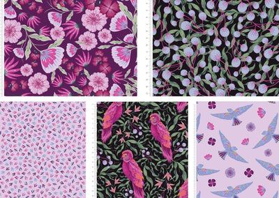 Parrots in Paradise, Falling Petals - Sunnyside Fabrics UK - bethany salt, birds, craft cotton co, floral, floral lilac, floral pink, parrots - {{product.type}} - sunnysidefabricsuk.com