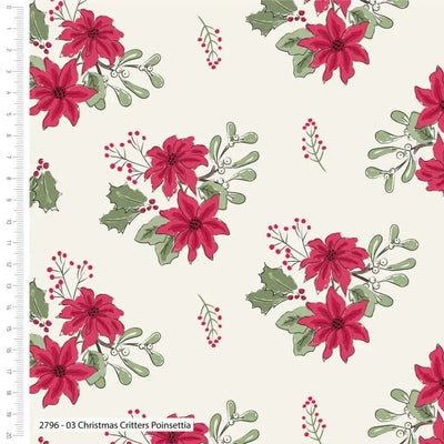 Poinsettia Cotton Fabric from Debbie Shore - Sunnyside Fabrics UK - Christmas critters, Debbie Shore, fox, foxes, otter, poinsettia, rabbits - {{product.type}} - sunnysidefabricsuk.com