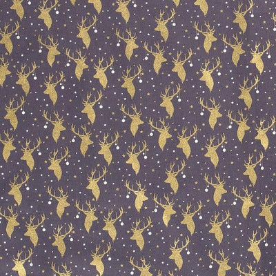 Stags Head With Gold Metallic on Grey - Sunnyside Fabrics UK - BOGOF, Christmas, Christmas Cotton fabric, christmas fabric, gold, Gold metallic, gold Metallic Sparkle, metallic, Metallic thread, Stars - {{product.type}} - sunnysidefabricsuk.com