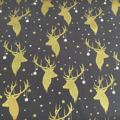 Stags Head With Gold Metallic on Grey - Sunnyside Fabrics UK - BOGOF, Christmas, Christmas Cotton fabric, christmas fabric, gold, Gold metallic, gold Metallic Sparkle, metallic, Metallic thread, Stars - {{product.type}} - sunnysidefabricsuk.com