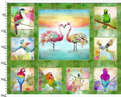 Tropical Birds Quilting Panel - Sunnyside Fabrics UK - 3 wishes fabric,3 Wishes Fabrics,birdsparrots,Connie Haley,Connie Haley 3 wishes Fabrics,flamingoes,tropicolour birds - alt - sunnysidefabricsuk.com