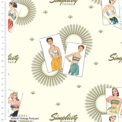Vintage Postcards, Simplicity Vintage Cotton Fabric - Sunnyside Fabrics UK - cotton fabric, dressmaking, dressmaking fabric, simplicity fabric, simplicity patterns, vintage dress patterns, vintage simplicity - {{product.type}} - sunnysidefabricsuk.com