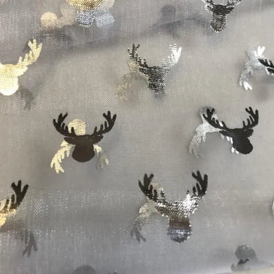 Christmas Stags Head Foil Organdy - Sunnyside Fabrics UK - deer, organdy, organza, stag head, stags - {{product.type}} - sunnysidefabricsuk.com