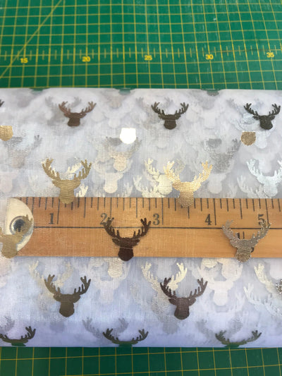 Christmas Stags Head Foil Organdy - Sunnyside Fabrics UK - deer, organdy, organza, stag head, stags - {{product.type}} - sunnysidefabricsuk.com
