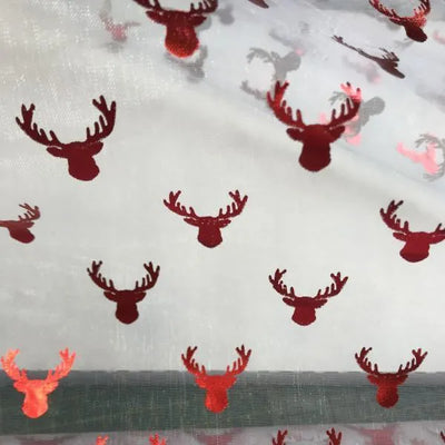 Christmas Stags Head Red Foil Organdy - Sunnyside Fabrics UK - deer, organdy, organza, stag head, stags - {{product.type}} - sunnysidefabricsuk.com